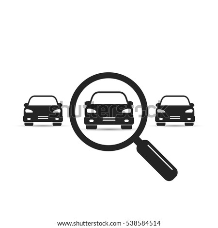 Search car sign, vector. Magnifying glass with car. Search car symbol. Looking for transport. Selection a car among others vehicles illustration.