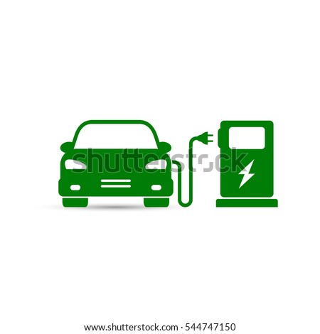 Electric car in refill icon, vector. Electric refueling. Eco transportation.