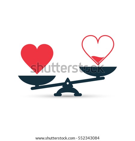 Full and empty heart on scales, measurement love level, vector concept.