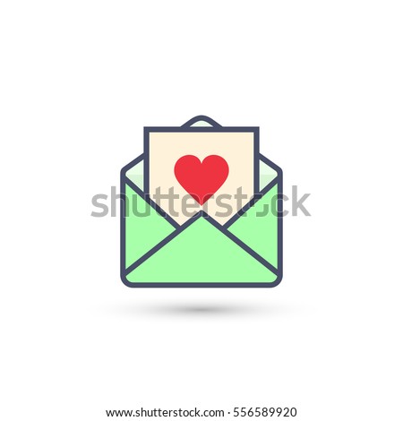 Envelope with Valentine heart postcard, vector isolated green icon.