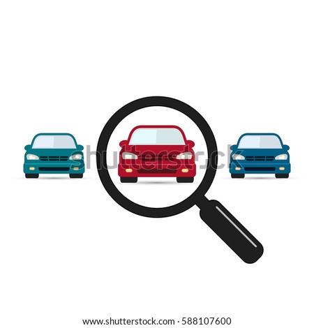 Search car sign, vector. Magnifying glass with car. Search car symbol. Looking for transport. Selection a car among others vehicles illustration.