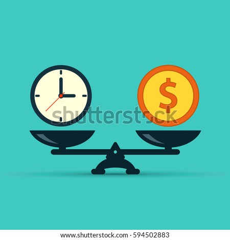 Time is money on scales icon. Money and time balance on scale. Weights with clock and money coin. Vector isolated sign.
