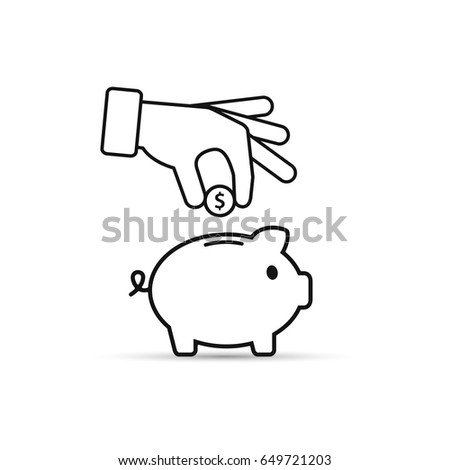 Piggy bank and hand with coin black outline icon. Vector isolated illustration.