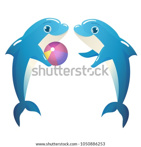 Vector illustration of dolphins playing with the ball on white background. Isolated elements