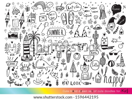 Vector illustration of Doodle cute for kid, Hand drawn set of cute doodles for decoration,Funny Doodle Hand Drawn, Summer, Doodle set of objects from a child's life