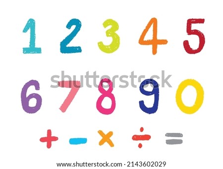 Cute Numbers and mathematical signs, pencil crayon, children's colourings,vector, set, illustration