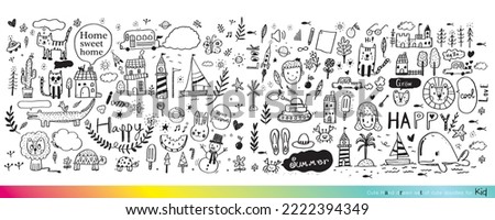 Vector illustration of Doodle cute for kid, Hand drawn set of cute doodles for decoration,Funny Doodle Hand Drawn, Summer, Doodle set of objects from a child's life,Cute animal