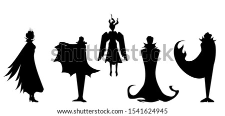 vector set of spooky and scary characters for Halloween, silhouettes of vampire, demon and witch