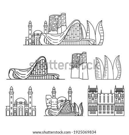 Baku city landmarks, vector outline buildings, simple icons, Azerbaijan illustrations