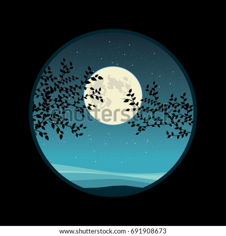 night sky and full moon over fields and landscape
vector circle frame icon, abstract nature illustration