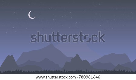 night mountain landscape, new moon and starry sky vector illustration