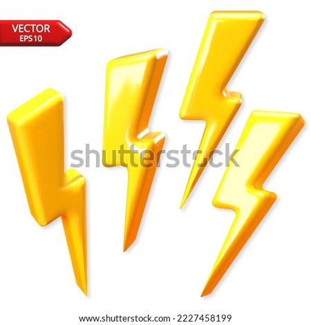 lightning, stop, danger. 3d Lightning Sign Yellow Color. Design in plastic realistic cartoon style. Volume set of icon isolated on white background. Vector illustration.