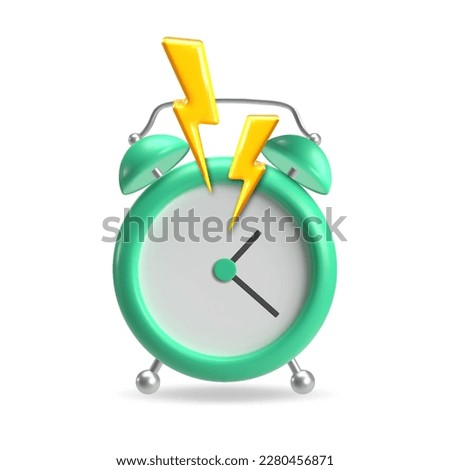 Cute cartoon alarm clock with lightning. 3d realistic table clock. Vector illustration.