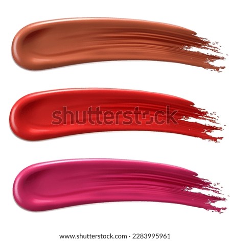 Smears of lipstick, nail polish or paint, brush strokes set isolated on white background. Realistic 3d vector illustration