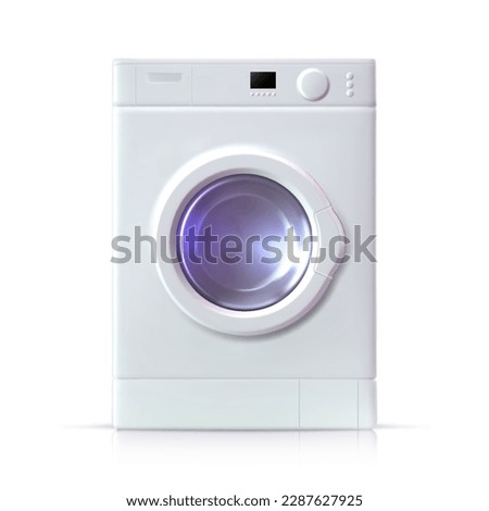 Realistic white washing machine on a white background. Front view, close-up. 3d realistic vector washer.