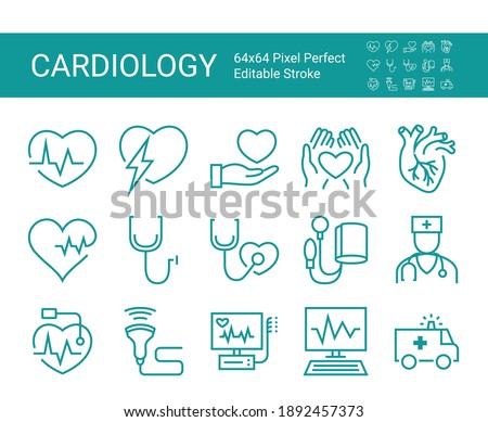 Set of icons of cardiology. Vector icon as ecg, doctor, pacemaker, heartbeat, heart outline pictogram. Editable vector stroke. 64x64 Pixel Perfect.