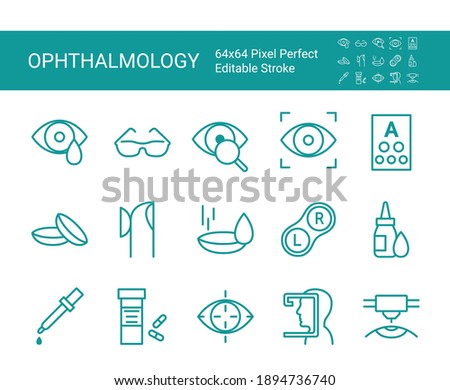 Set of icons of ophthalmology. Editable vector stroke. 64x64 Pixel Perfect.