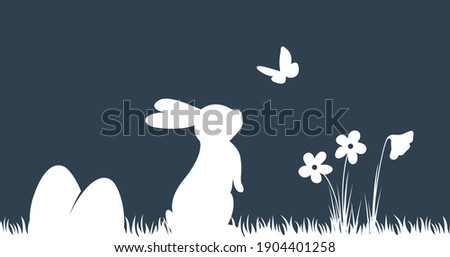 Easter Background with silhouette bunny and butterfly. Simple hand drawn easter horizontal background.