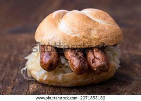 Similar – Image, Stock Photo Grilled nuremberger bratwurst. German sausages top view