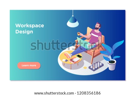 Freelancer concept, coworking people. Freelancer man at his laptop easely in working office.Isometric vector illustration Foto d'archivio © 