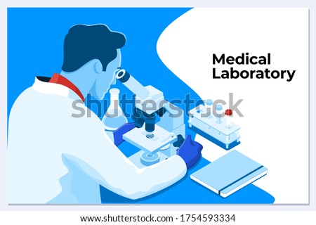 Young male scientist looking through a microscope in a laboratory doing research, microbiological analysis, medicine. Isometric vector illustration