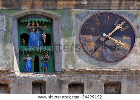 aged wall clock, antique big watch, medieval europe, church square, medieval time, stone wall clock, town tower, midnight hour