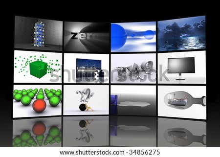 flat screens tv\'s, digital tv, power on monitors, stack of computer monitors, tv stand, tv comercials,  plasma tv, tv systems, front view of some stacked monitors
