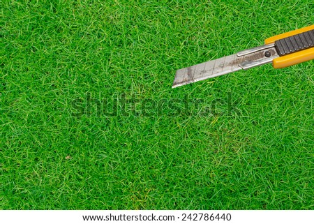 yellow rusty cutter blade on grass background