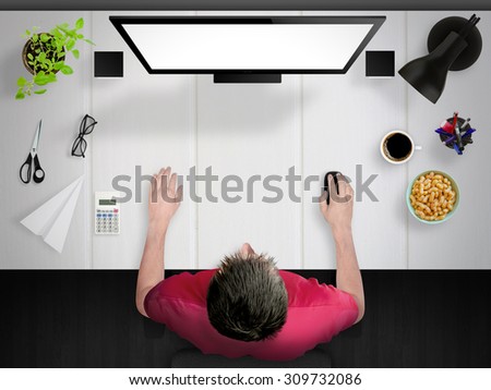Guy working. Creative desk mock up scene with devices from top.