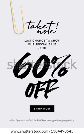 60% Off Promotion Sale Web Banner. Call to Action Creative Design Concept Take Note about Last Chance Special Promo Deals up to 60% OFF Price Discount Poster. Fashion and Modern Vector Illustration.