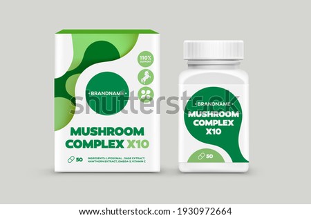Supplement Food Package Design Template. Private Label Healthy Food Package Design Mockup. Box and Bottle Jar Packaging Sticker Mushroom Complex Organic Healthy Supplement Design Template.
