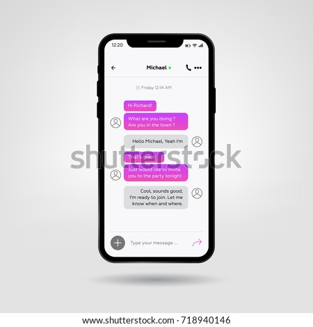 New Mobile phone X. Vector illustration. Social network concept. Messenger Chat window. Chat and messaging vector concept on a new smartphone.