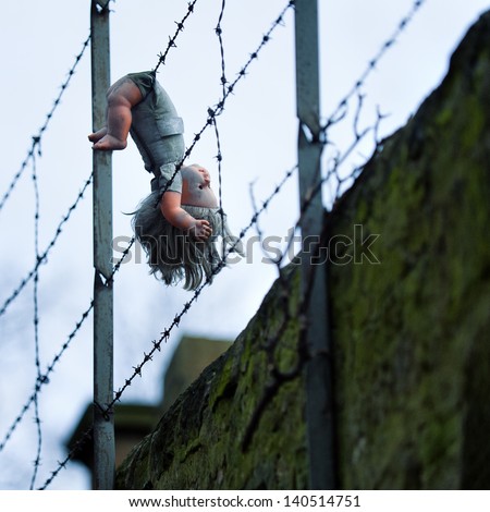 square color image of doll hanging from barbed wire fence