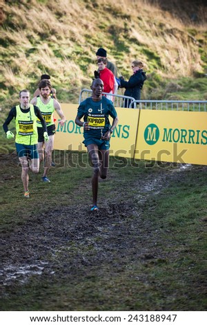 EDINBURGH, SCOTLAND, UK - January 10, 2015 - elite athletes compete in the Great Edinburgh Cross Country Run event, with Asbel Kiprop in the lead.