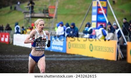 EDINBURGH, SCOTLAND, UK, January 10, 2015 - Gemma Steel, last year\'s champion struggles in the Great Edinburgh Cross Country Run, finishing 11th.
