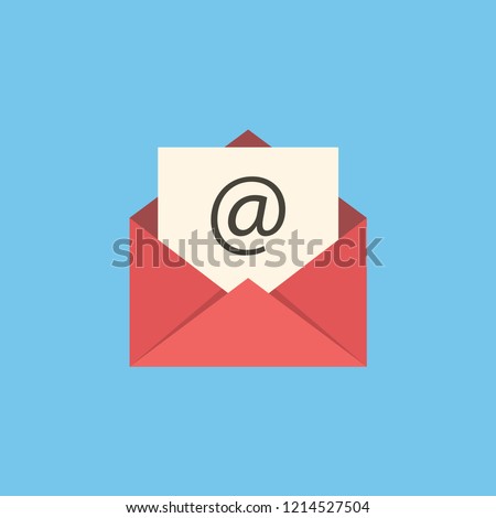 Red mail sign icon or envelope icon on a blue background for website design in flat style. Newsletter icon, message icon. Vector illustration, eps10