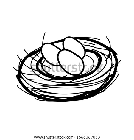 A Hand drawing black vector Illustration of a bird nest with a group of three eggs isolated on a white background