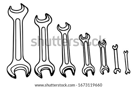 A Hand-draw black vector illustration of metallic locksmith wrenches tool set isolated on a white background