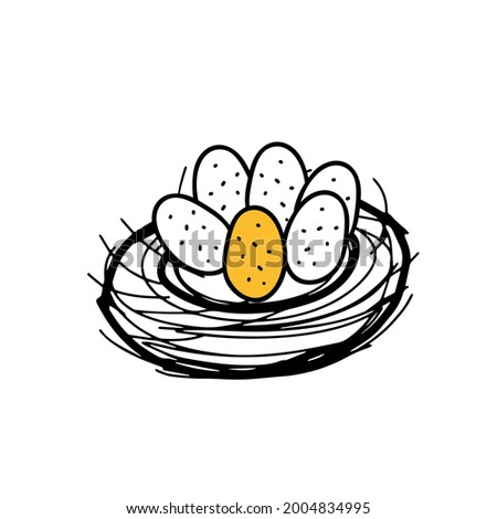 A Hand drawing black vector Illustration of a bird nest with a group of one yellow and five white eggs isolated on a white background