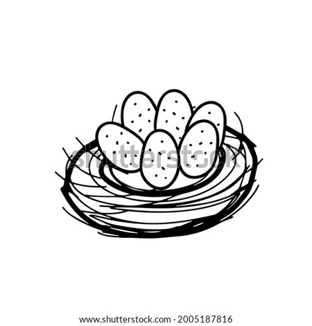 A Hand drawing black vector Illustration of a bird nest with a group of six eggs isolated on a white background