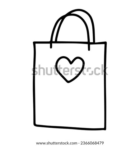 Beautiful hand drawing black vector bag for shopping with heart isolated on a white background