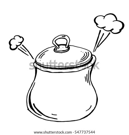 Casserole with boiling food. Vector illustration of a kitchen pot. Logo, pot with porridge or soup. Hand drawn  icon of a pan with steaming food.