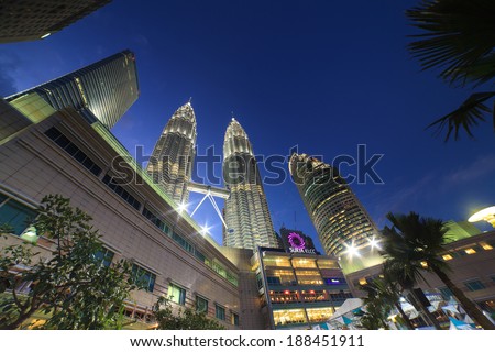 KUALA LUMPUR, MALAYSIA - MARCH 22: Nightscape of Petronas Twin Towers on March 22, 2014 in Kuala Lumpur Malaysia. Petronas Twin Towers were the tallest buildings (452m) in the world during 1998-2004.