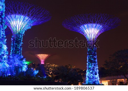 SINGAPORE -MARCH 25: Night view of Supertree Grove at Gardens by the Bay on March 25, 2014 in Singapore. Spanning 101 hectares of reclaimed land in central Singapore,adjacent to the Marina Reservoir