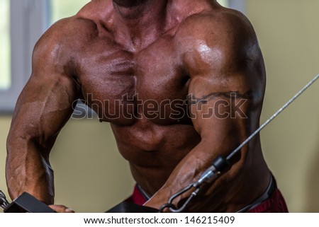 shirtless body builder doing standing press white cable for chest