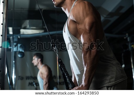 Triceps Pull down Workout. Fit Man On The Triceps Pull down Weight Machine At A Health Club