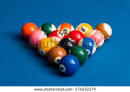 Billiard Balls Ready For The Break - Close-Up Of Pool Balls On A Blue Pool Table