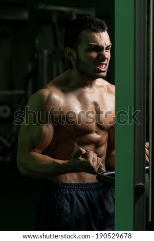 Young Bodybuilder Exercise In The Gym - He Is Performing Two Arm Biceps Push Up
