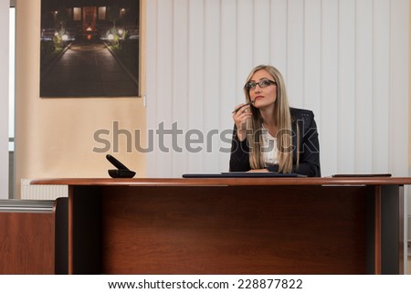Happy Young Business Woman Work In Modern Office On Computer