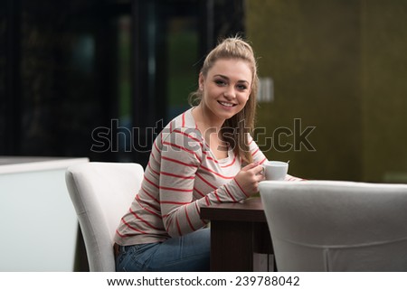 Young Female Student Drinking Cafe In Cafeteria